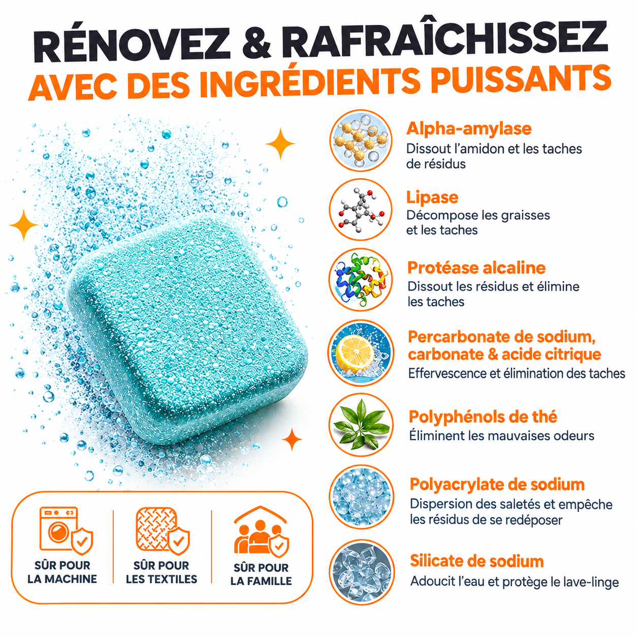 Tablettes nettoyantes en profondeur pour machine à laver